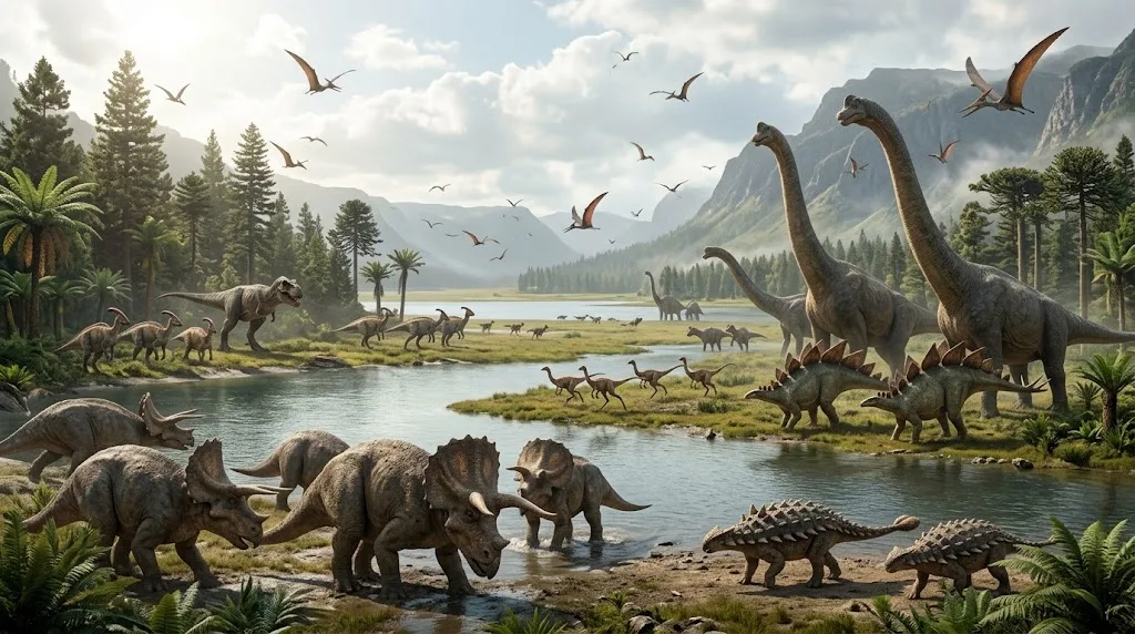 Diversos dinossauros na beira de um lago.